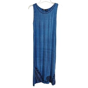 Chambray Denim Maxi Jumper Dress Womens Medium Embroidered Side Slits Tie Back
